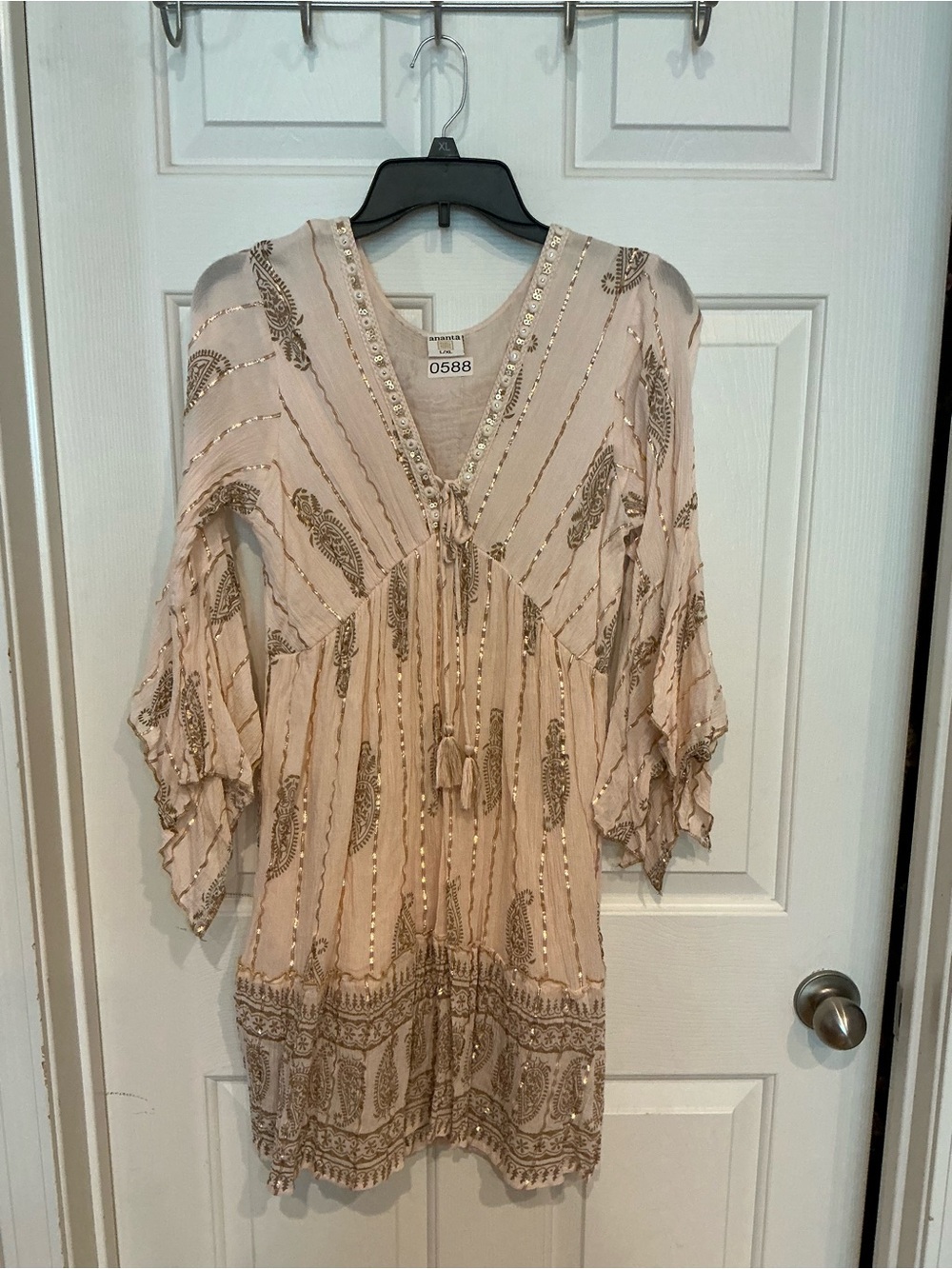 Boho Cream Embellished V-Neck Mini Dress with Tassel Tie